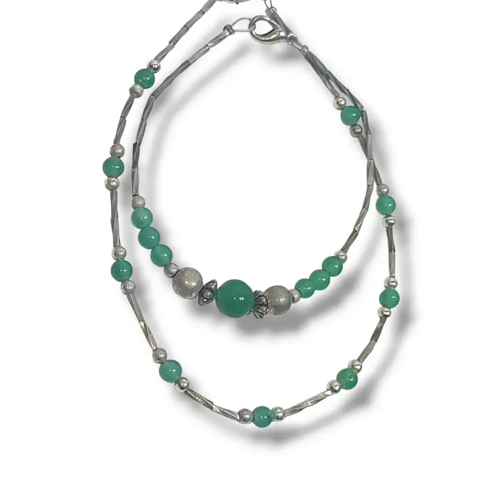 Vintage Silver Tone Green Glass Faux‎ Jade Bead Bracelet & Anklet Set 7.5